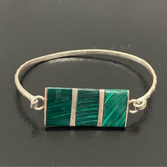 Vintage Silver-tone Malachite Bangle Bracelet - Picture 5 of 11